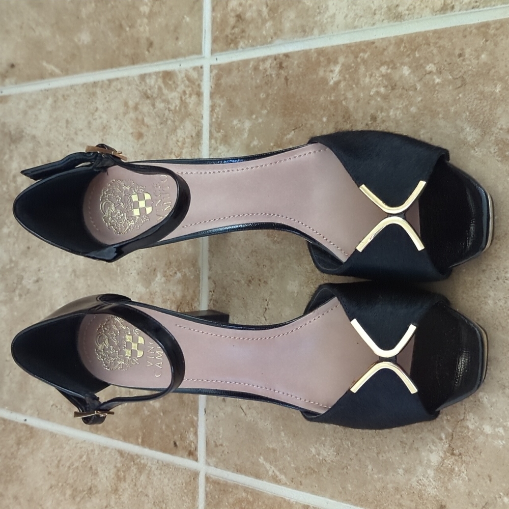Vince Camuto patent black and calf hair open toe ankle strap heel